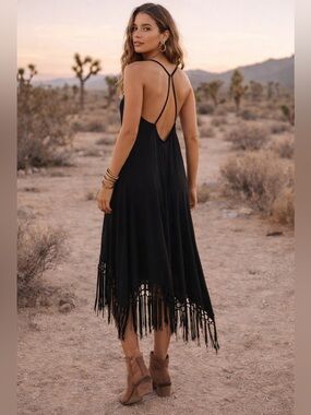 196 ASOS Black Fringe Hem Strappy Back Slip Dress Open Back Midi Size 10